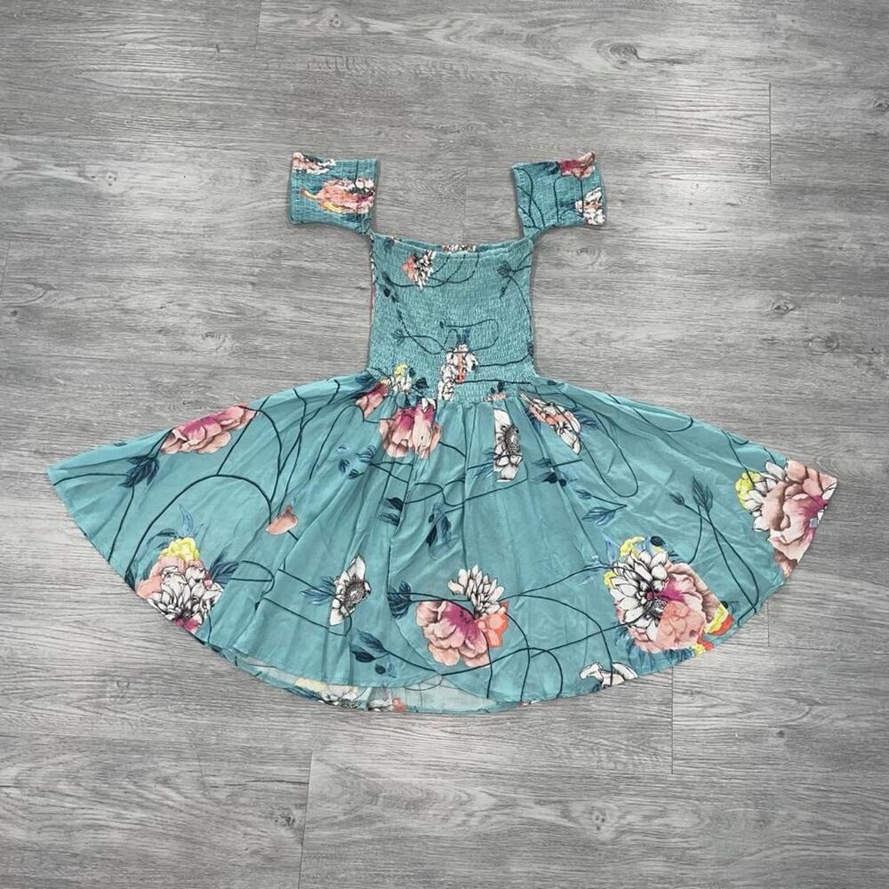 Jaase Womens S Dress Teal Floral Off Shoulder Flowy Shirred Boho Peasant Holiday